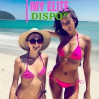 two women in pink bikinis standing on the beach with the text my elite disco